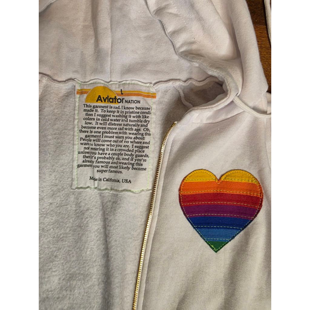 Women's Aviator Nation White Rainbow Heart Full Zip Hoodie unisex size Large - Picture 5 of 8